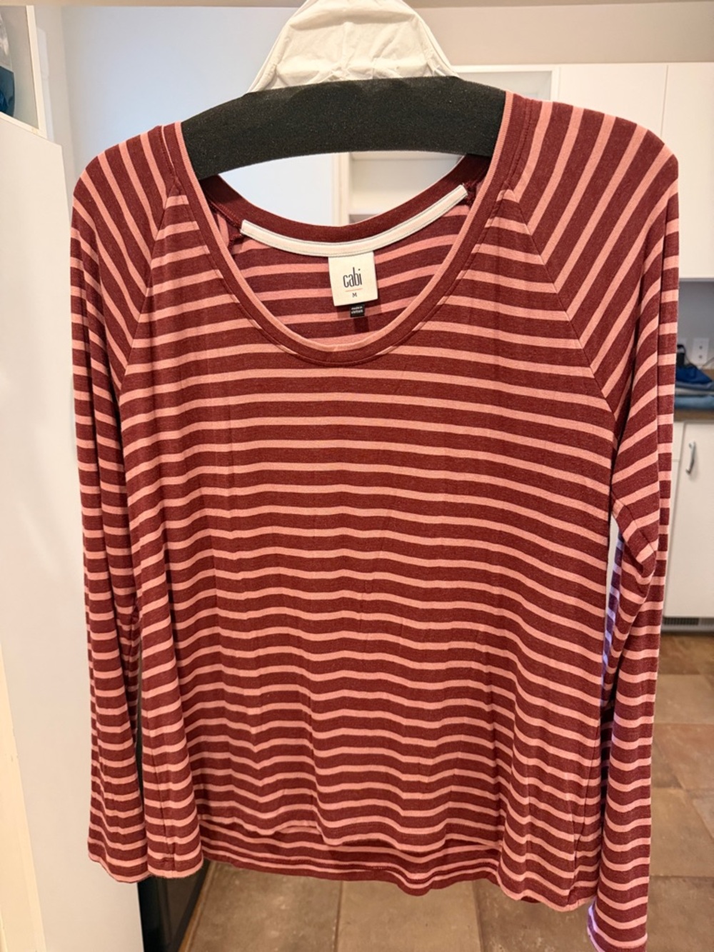 CAbi Striped Scoop Neck Long Sleeve Top in Burgundy and Pink